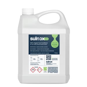 A 5-litre white plastic container labeled "Sulnox Eco 100% Organic Fuel Conditioner" with usage and safety information on the front, designed for optimal eco-friendly fuel conditioning.