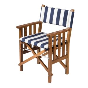 Solid Teak Directors Chair II with Navy/White Cushion