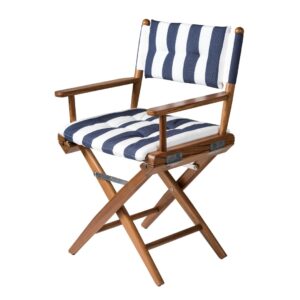 Solid Teak Directors Chair with Navy/White Cushion