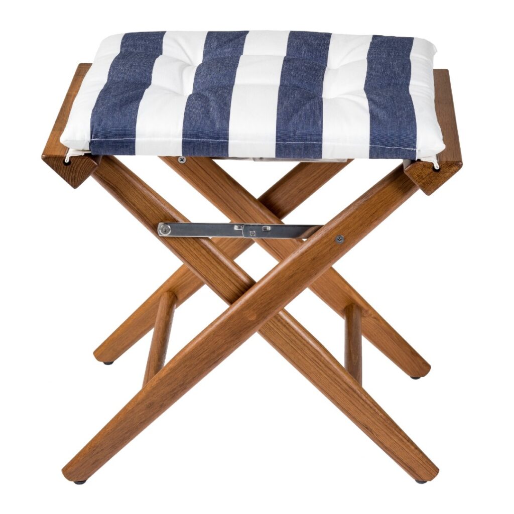 Solid Teak Directors Stool with Navy/White Cushion