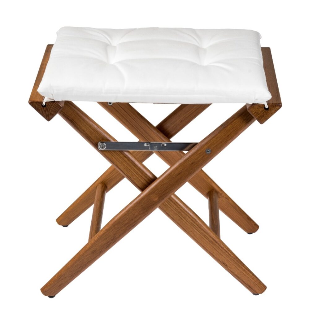 Solid Teak Directors Stool with White Cushion